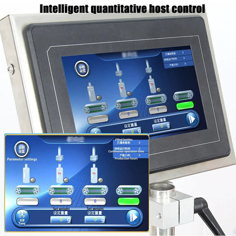 Heavy Duty Automatic Liquid Filling Machine On Rugged Conveyor Belt control panel displaying settings and operational data.