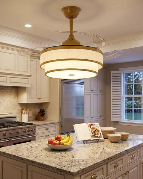 Velsgate 48 Inch Retractable Ceiling Fans with Lights and Remote in a modern kitchen setting with a double-tier design.