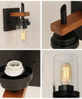 Rustic Wall Light Sconce With Seeded Glass Shade And Vintage Edison Bulb Look, close-up on metal and wood details