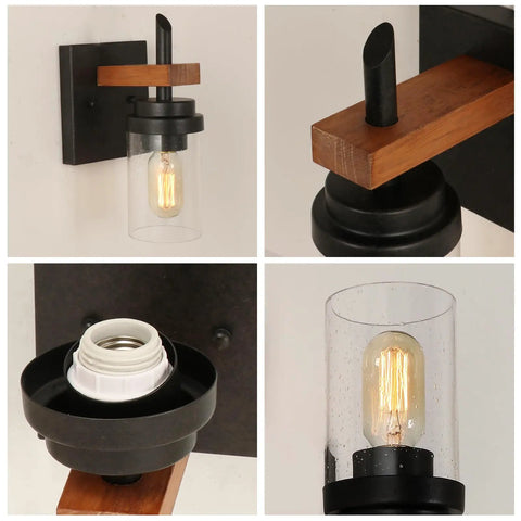 Rustic Wall Light Sconce With Seeded Glass Shade And Vintage Edison Bulb Look, close-up on metal and wood details