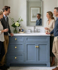 Kickstart Your Remodel With Solid Vintage Unlacquered Brass Dome Cabinet Knobs on a blue bathroom vanity with friends.