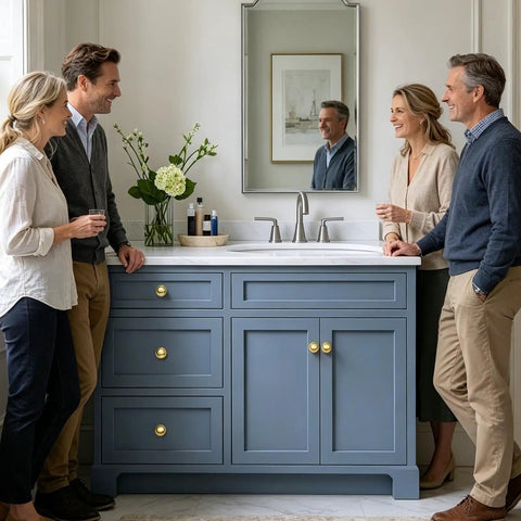 Kickstart Your Remodel With Solid Vintage Unlacquered Brass Dome Cabinet Knobs on a blue bathroom vanity with friends.