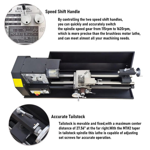 Top Tier 750W Heavy Duty Bench Metal Lathe Featuring MT4 Spindle Taper And Dual Speed Settings From 115 To 1620 Rpm speed shift handle and tailstock for precision work.
