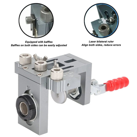 Heavy Duty Aluminum Alloy Dowel Jig Kit With Precision Drill Bits showing adjustable baffles and laser ruler for accurate woodworking.