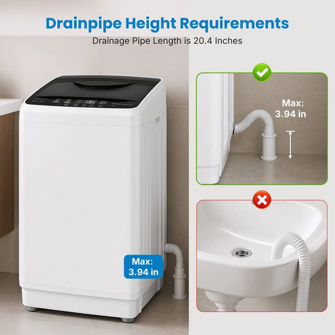 Compact Portable Washing Machine With Full Automatic 1.06 Cubic Feet Capacity And 10 Wash Cycles Smooth Quiet Design For Apartment Living with drainpipe height guide.