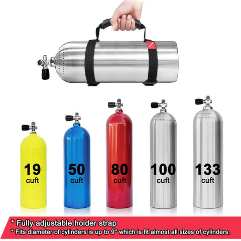 Hand holding Heavy Duty Scuba Tank Carrier With 1 Inch Nylon Webbing Straps 316 Stainless Steel Fasteners Ergonomic Rubber Handle