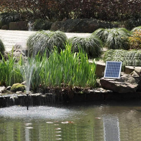 10W Solar Water Pump Kit With 18V Panel For Fish Pond And Fountain Includes Brushless Submersible Pump in garden pond setting.