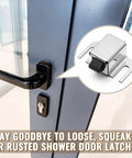 2 Pack Stainless Steel Shower Door Latch Replacement With Rust Proof Tip No Fuss Easy Install Soft Close Push To Close Design Adjustable U Slot Includes 4 Screws Universal Fit For Hinged Glass Doors installed view