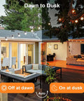 Solar String Lights Outdoor 97ft With 48 Shatterproof G40 LED Bulbs illuminating a backyard patio at dusk and dawn.