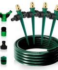 4 Pack Flexible Sprinkler System With Spike Base For Above Ground Lawn Irrigation, garden hose and connectors displayed