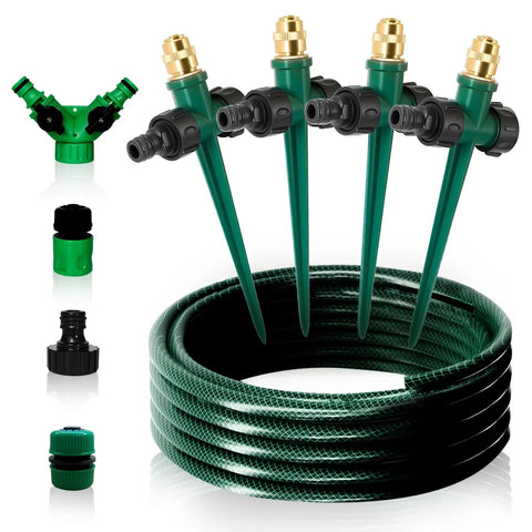 4 Pack Flexible Sprinkler System With Spike Base For Above Ground Lawn Irrigation, garden hose and connectors displayed