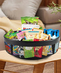 Xbopetda snack organizer on countertop; black metal Lazy Susan with four compartments and mesh sides