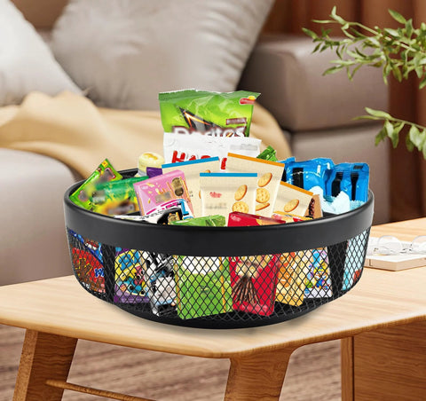 Xbopetda snack organizer on countertop; black metal Lazy Susan with four compartments and mesh sides