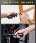 Sleek Pocket Capsule Cordless Electric Screwdriver Kit With Deluxe Extra Bit Holder And Storage Pouch in use during furniture assembly and computer repairs.