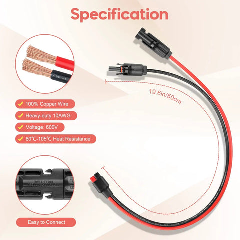 10AWG Solar Panel Cable Connector Kit Beefy Copper Wire 1.6 Ft Extension Compatible With Solar Connector Anderson Connector For RV And Portable Solar Generators Like Yeti And Renogy showing copper wire details and connectors.