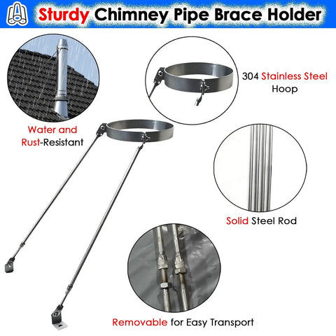 Adjustable Chimney Flue Support Bracket For Wood Stove Pipe 10 Inch Roof Brace Heavy Duty Stainless Steel Ventilation Holder Built Tough And Lock It Down Tight For Heavy Snow Loads Without Any Fuss with 304 stainless steel hoop and stable rods.