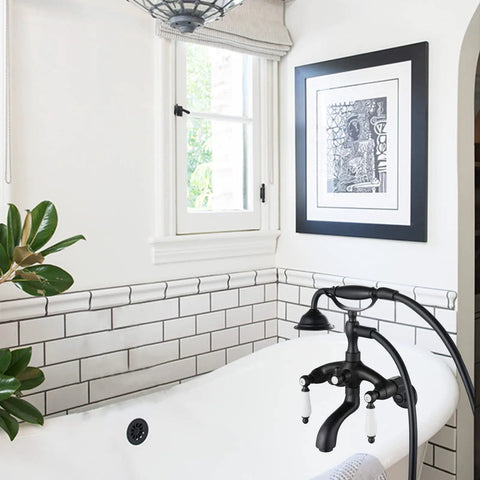 Clawfoot Tub Faucet Matte Black With Handheld Shower, Wall Mount Tub Filler, Victorian Vintage Telephone Look Retro Vibe, Solid Brass Construction