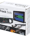 Packaging of USB Audio Interface for Mac, PC, and iPad with XLR mic preamps, 48V phantom power, guitar input, software included.