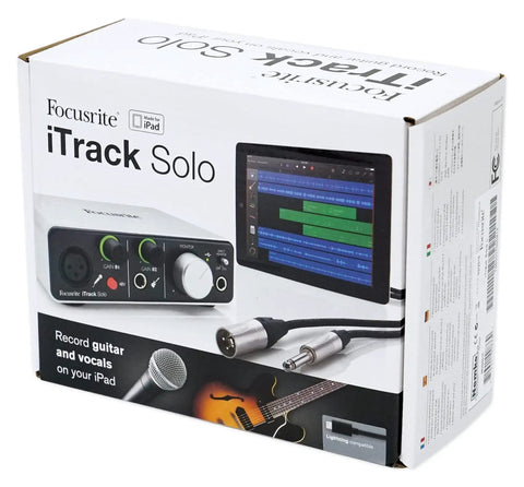 Packaging of USB Audio Interface for Mac, PC, and iPad with XLR mic preamps, 48V phantom power, guitar input, software included.