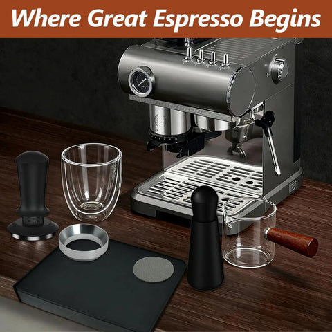 7 Piece 51mm Espresso Accessories Kit With Spring Loaded Calibrated Tamper WDT Tool Dosing Funnel 75ml Dosing Cup Double Walled Espresso Cup Puck Screen Mat Barista Grade Gear displayed with espresso machine
