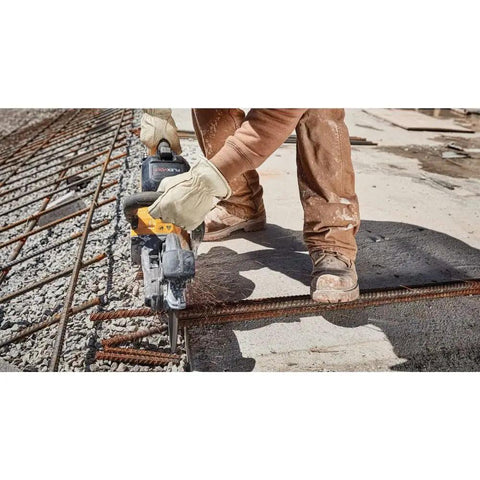 Worker cutting metal rebar with 9 Inch 5/64 By 7/8 T1 Flexvolt Cutoff Wheel For Metal Cutting Tough As Nails Performance on grinder