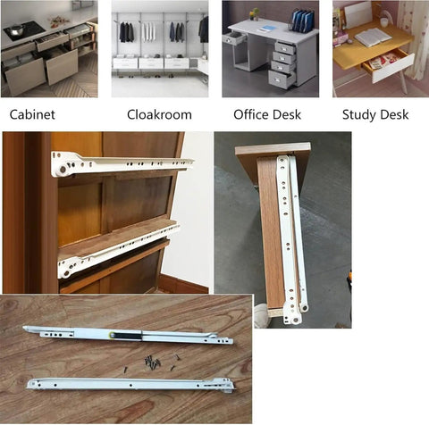 Heavy Duty Metal Drawer Slides 450mm Pack of Four White Roller Rails Cold Rolled Steel Construction on cabinet and desk