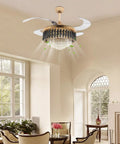 TTbhfui 42 Inch 3-Color Invisible Crystal LED Ceiling Fan Light with Remote above dining area, featuring elegant design and crystal accents.