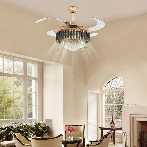 TTbhfui 42 Inch 3-Color Invisible Crystal LED Ceiling Fan Light with Remote above dining area, featuring elegant design and crystal accents.