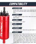 Universal Inline Fuel Pump 116 PSI High Pressure 12V Electric Pump For Injection Systems, shown with compatibility list