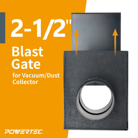 Two And A Half Inch Blast Gate For Dust Collection System With Two And A Half Inch Hose And Port Compatibility Durable Woodworking Dust Fittings For Your Shop Airflow Control And Quick System Shutdown showing front view with open gate