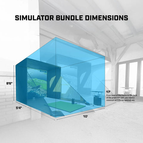 Diagram showing dimensions of Launch Pro Portable Golf Simulator Bundle With FSX Play Gold Subscription Projector Enclosure And Turf.
