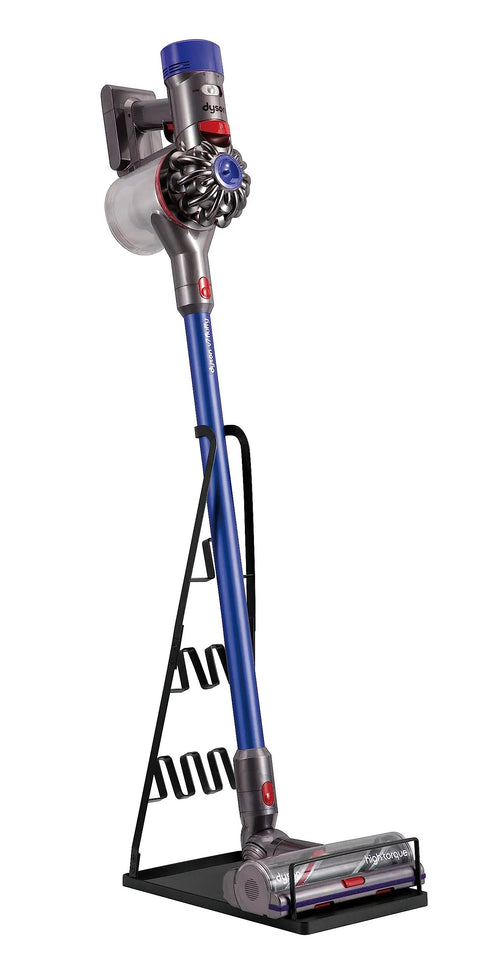 Universal Stick Vacuum Stand With Six Hooks For Dyson V Series And Other Major Brands, showing vacuum mounted on metal stand.