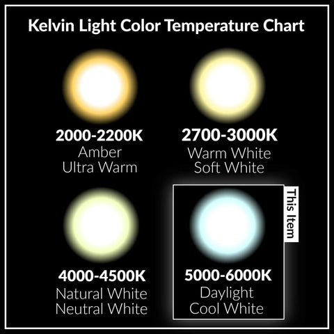 Kelvin light color temperature chart highlighting 5000-6000K Daylight Cool White for GU24 LED A19 Light Bulbs 9W 60W To 75W Replacement 4 Pack