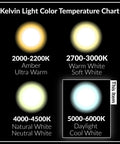 Kelvin light color temperature chart highlighting 5000-6000K daylight cool white for Go To LED GU24 A19 Light Bulb 12W replacement