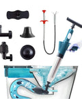 Air Powered Toilet Drain Blaster Plunger High Pressure Dredge Tool with interchangeable heads and sink demonstration