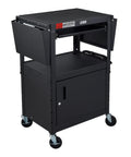 Adjustable Height Rolling AV Cart Mobile Workstation with drop leaf shelves, pullout keyboard tray, and locking steel cabinet in black.