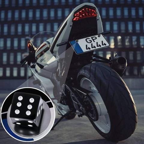 4 Piece Slick Black Dice License Plate Bolt Kit With Shiny Aluminum Covers And Rust Proof Steel Fasteners For Your Whip Upgrade Drop Right In Setup Universal Fit on motorcycle.