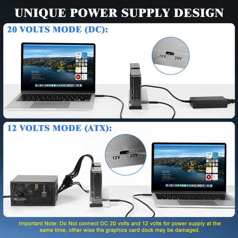 Mini Egpu Dock With Cnc Casing Compatible With Thunderbolt 3 4 Usb4 showing power supply connection modes for external GPU.