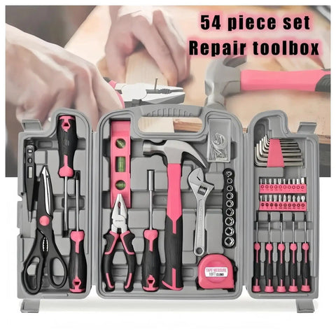 54 Piece Pink Tool Kit For Women Newbies DIY Home Repair Tools Set In Portable Toolbox Case open showing organized tools