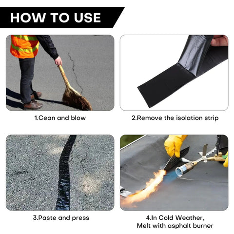 Self Adhering Asphalt Crack Tape 1.57 Inch By 50 Feet No Torch Required Easy Fix For Driveways Parking Lots Roofs And Roads 3mm Thick Durable Joint Repair Tape For Cracks And Gaps how-to-use guide with four step process for application including cleaning, removing strip, pasting, and melting in cold weather.