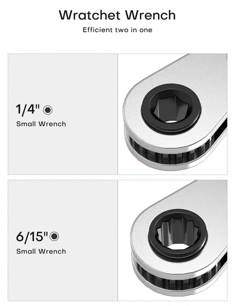 Close-up of HVAC Service Wrench Set for Refrigeration and Air Conditioning showing small ratchet ends with 1/4" and 6/15" sizes.