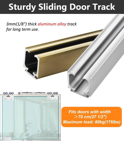 Pro Grade Dual Soft Close Sliding Glass Door Track System For Frameless Bathroom Doors, Champagne Finish, 16.7ft Rail