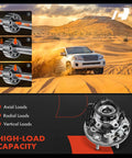 Front Right Wheel Bearing And Hub Assembly With ABS For Chevrolet Colorado 2004 2008 And GMC Canyon 2004 2008 Plus Isuzu i 350 2006 And i 370 2007 2008 4WD 6 Lug Compatible displayed with desert driving scene and load capacity details.