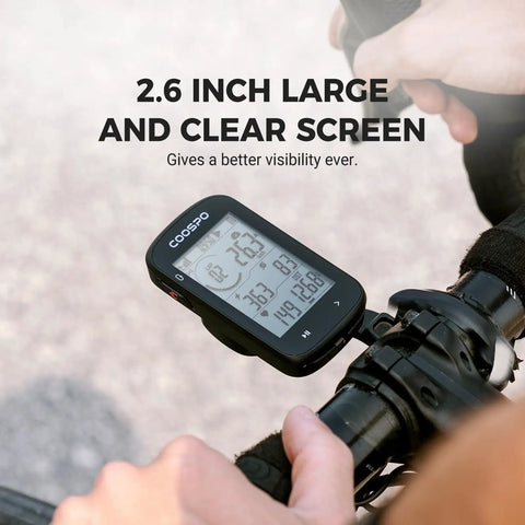 GPS Bike Computer With Wireless Cadence And Power Sensor Support 2.6 Inch Auto Backlight Display mounted on handlebars.