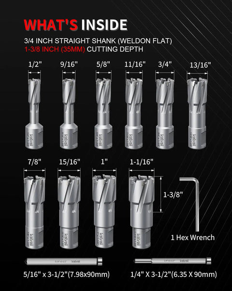 Heavy Duty TCT Annular Cutter Set with 10 carbide bits, 3/4 inch straight shank, 1-3/8 inch cutting depth for steel.