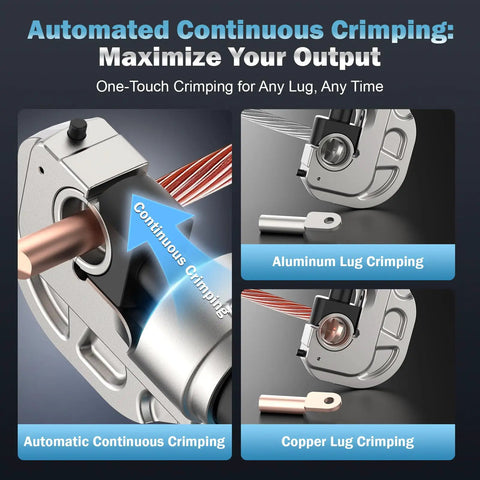 Automated Continuous Crimping feature detail of Badass Heavy Duty Electric Hydraulic Crimping Tool with aluminum and copper lugs.