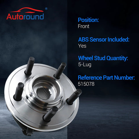 Durable Front Wheel Hub And Bearing Assembly For 2006-2010 Ford Explorer, 2007-2010 Explorer Sport Trac, And 2006-2010 Mercury Mountaineer With ABS, 5 Lug, Flange Diameter 6.3 Inches, Bolt Circle Diameter 4.5 Inches, Replaces HA590156 And 7L24 1104AB, showing front view with 5-lug design.