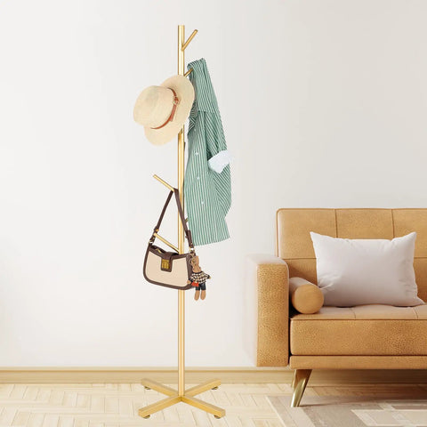 Freestanding Metal Coat Rack With Eight Hooks For Entryway Or Office in living room with coat, hat, and bag, golden finish