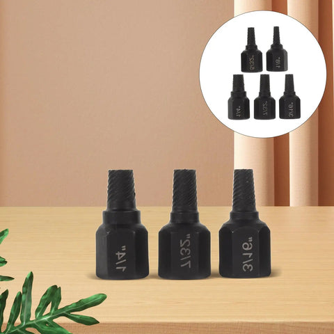 Cool 5 Piece Black Carbon Steel Screw Extractor Set With Spiral Flute Bits Ranging From One Eighth To One Quarter Inch For Tough Auto Home And Electronic Repair Jobs That Just Break Loose Like A Pro. Set of black carbon steel extractor bits, three shown on tabletop