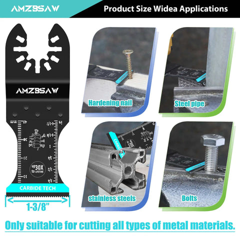Heavy Duty Five Piece Carbide Oscillating Multi Tool Blades For Cutting Bolts Screws And Sheet Metal shown in action on various metal types.
